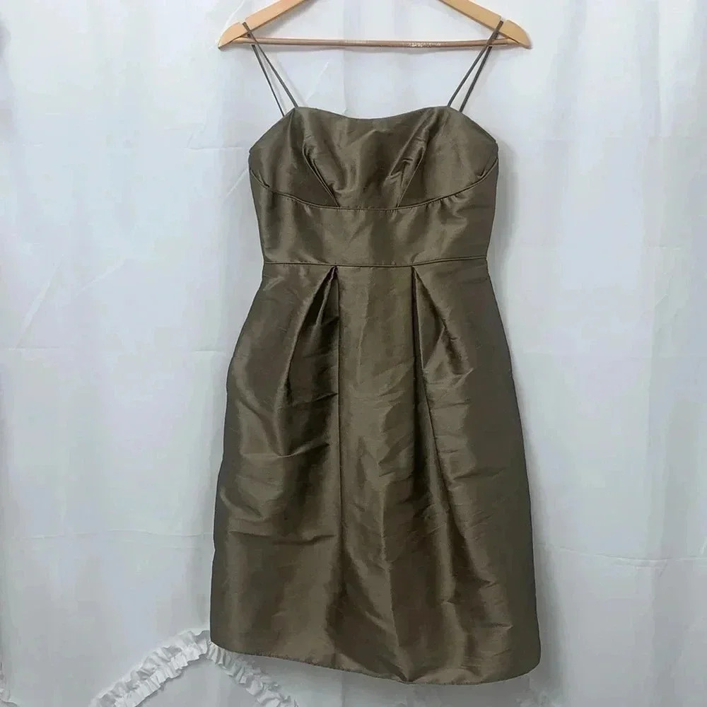 Jim Hjelm Occasions Bronze Dupioni Spaghetti Strap Cocktail Dress Size 8 Pockets